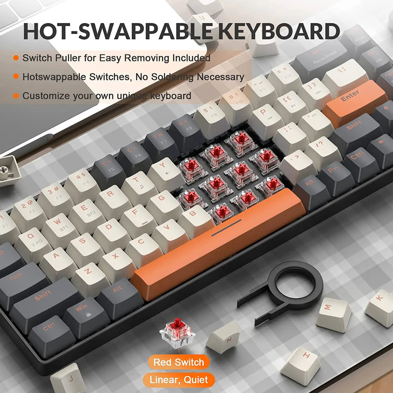 Teclado Gamer Mecânico 60% Sem Fio Bluetooth Dual Mode Hot-Swappable Mini 68 Teclas com Switches Vermelhos para PC, PS4, Xbox, iPhone e iPad