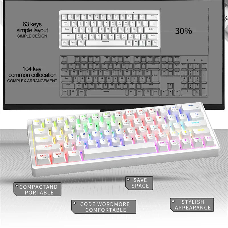 Teclado Mecânico ZIFRIEND ZA63 63 Teclas Hot Swappable, RGB, Switches Vermelho/Azul, Anti-Ghosting - Teclado Gamer 60%, Keycaps Brancos